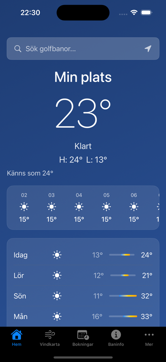 Golfväder app visar 10-dagars prognos med favoriter och flerspråksstöd